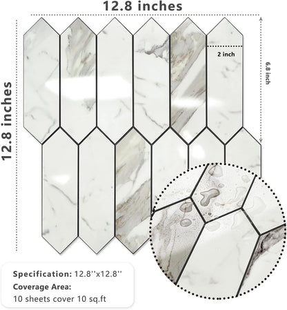 Vamos Tile Glossy Dolomite White Backsplash Tile Peel and Stick, 12.8 x 12.8 Inch 10 Sheets Long Hexagon PVC Self Adhesive Mosaic Wall Tiles Stick on Backsplash for Kitchen and Bathroom