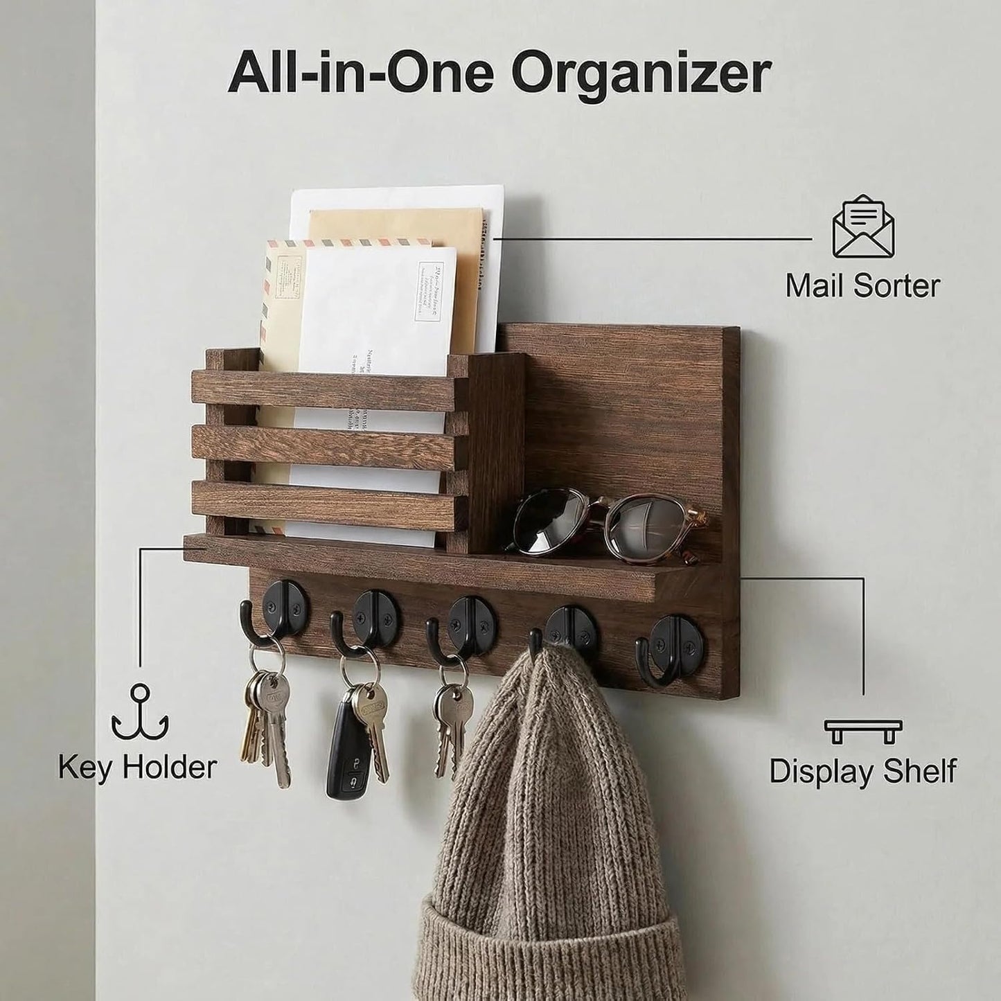 Wall Key Hook, Mail Organizer with 5 Metal Key Hooks, Decorative Key Rack Wall Mount, Tung Wood, 11.8 x 6.7 inches, Includes mounting Hardware (Brown)