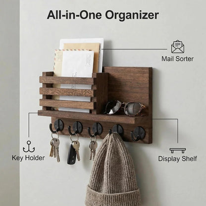 Wall Key Hook, Mail Organizer with 5 Metal Key Hooks, Decorative Key Rack Wall Mount, Tung Wood, 11.8 x 6.7 inches, Includes mounting Hardware (Brown)