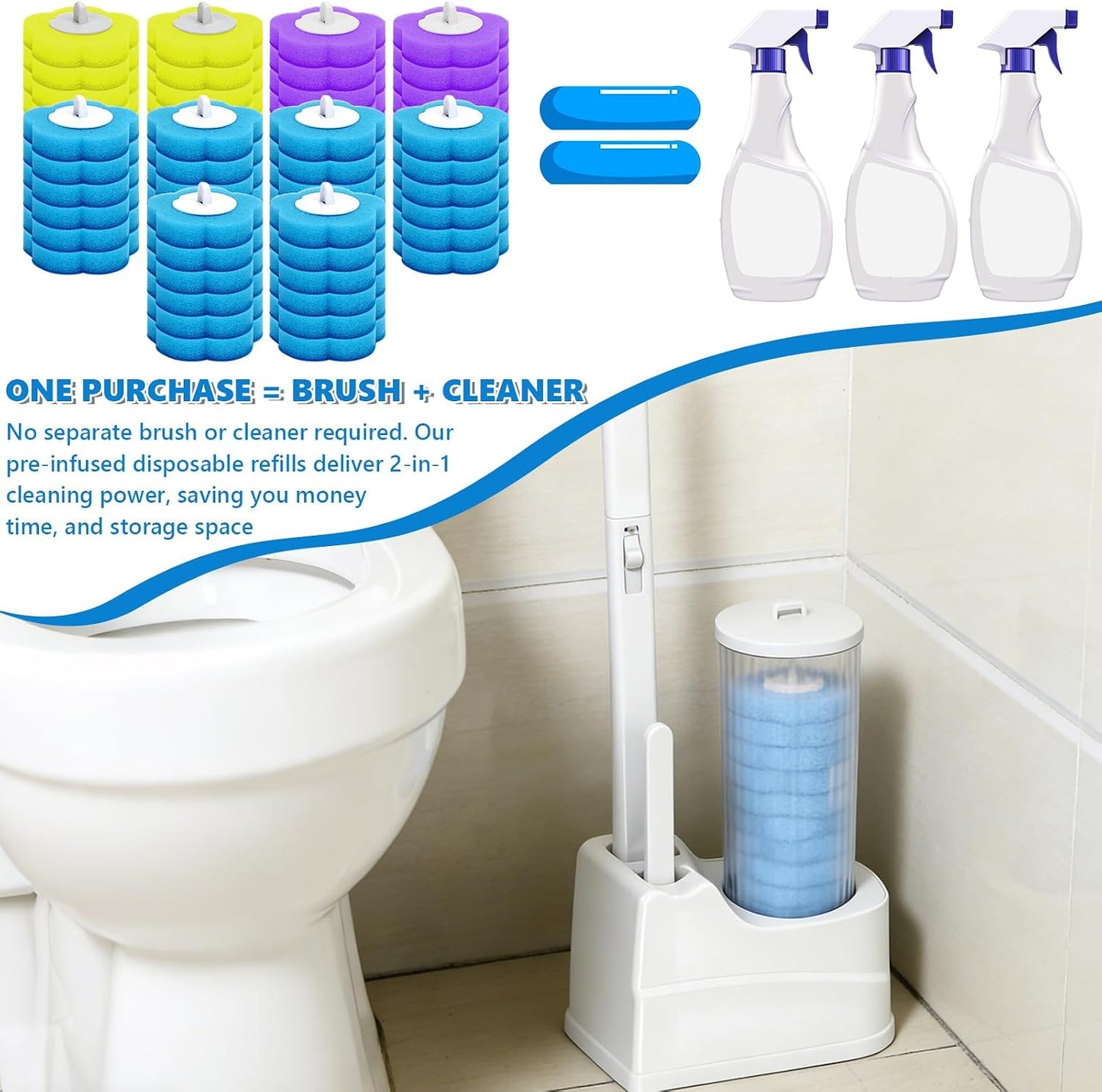 2 Pack Disposable Toilet Brush and Holder Set, Disposable Toilet Cleaning System Extended Handle with 48 Toilet Wand Refills, Toilet Brush for Toilet Bowl Cleaners, Bathroom Cleaning, Bathtub