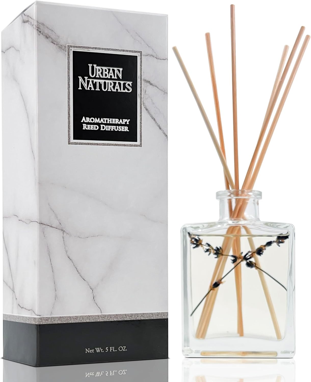 Urban Naturals Smoked Vanilla Reed Diffuser Set with Vanilla Bean, Sandalwood & Leather – 5 Ounce Sleek Black Rectangular Refillable Glass Bottle – Made in the USA