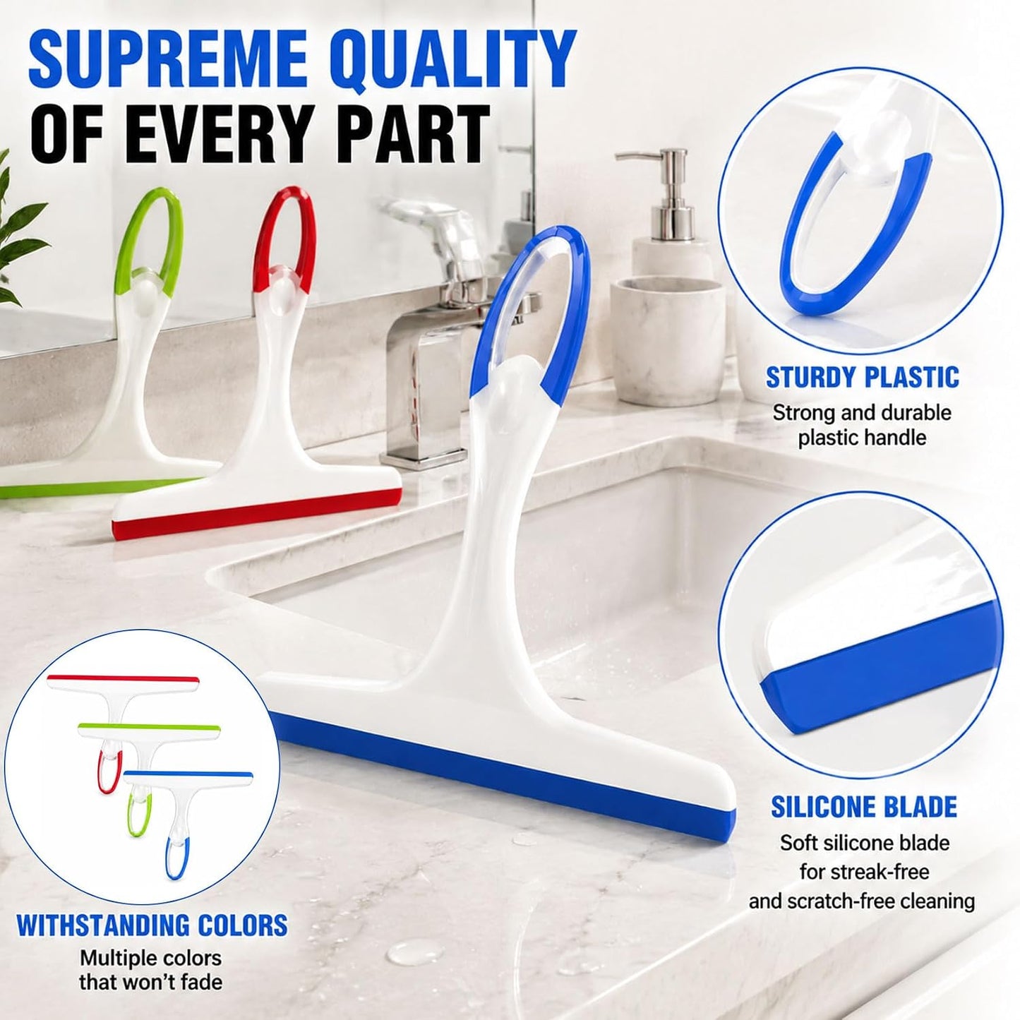 3 Pcs Shower Squeegee for Glass Doors, Car Window Squeegee, Streak-Free Mirror Cleaner Tool for Bathroom Kitchen Sink Countertop Tile Glass Shower Door Scraper Household Squeegees, with 3 Hooks