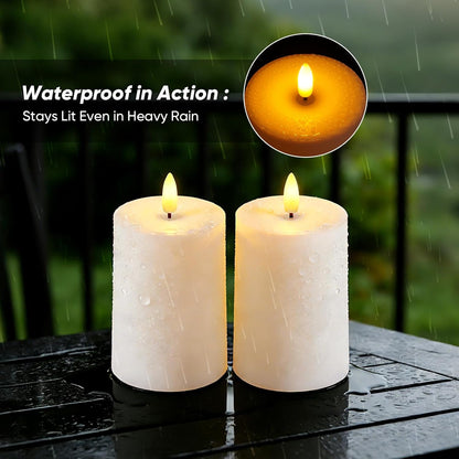 Raycare 3"x2.5" White Outdoor Waterproof Flameless Candles with Remote and Timer, Realistic LED Candles, Battery Operated Electric Fake Pillar Candles for Porch, Patio, Garden, Set of 2