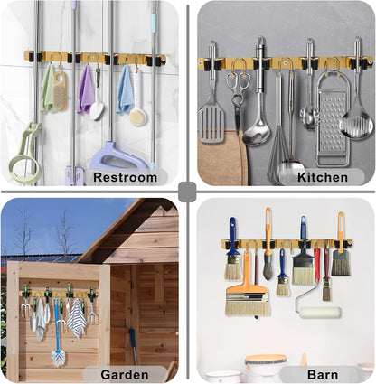 Broom Holder Wall Mount, Stainless Steel Mop Hanger with 4 Slots 6 Hooks, Tool Storage Wall Organizer for Kitchen Garden Garage Laundry Room Bathroom and RV, Black 1-Pack
