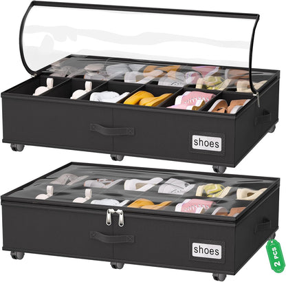 homyfort Under Bed Shoe Storage with Wheels, Fits 24 Pairs, Rolling Shoe Organizer with Bottom Support & Clear Lids, Sturdy Under Bed Storage Box for Shoes, Set of 2, Grey