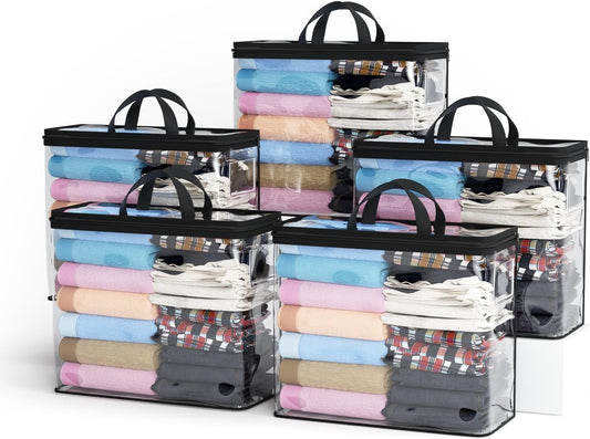 5PACK Clear Zippered Storage Bag for Clothes, 22L Clear Storage Bags, and Blanket Storage Bags for Bedding, Blankets, Comforters, Clothing, Books, DVD & CD (White)