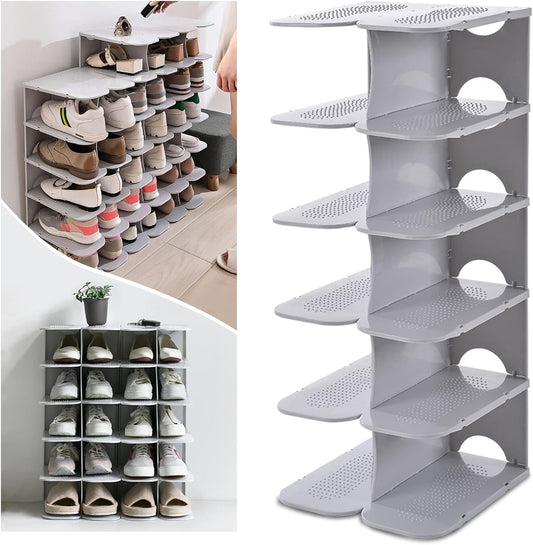 6-Tier Narrow Shoe Rack for Small Entryways, Space-Saving Adjustable Stackable Shelves, Free Standing Shoe Organizer for Closet, Corner, Doorway, Grey
