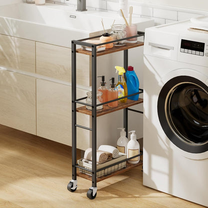 MAHANCRIS Slim Rolling Cart, Mobile Kitchen Cart on Wheels, Narrow Storage Cart for Small Space, Small Bar Cart, for Bathroom, Laundry, Living Room, Black RCHB1501