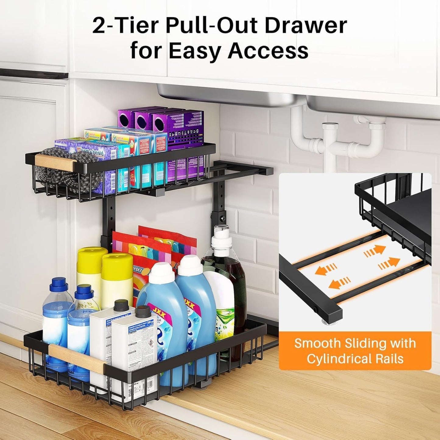 PXRACK Under Sink Organizer, Adjustable Height, 2 Tier Pull Out Under Cabinet Organizer, Slide Out Thickened Metal Under Sink Storage for Kitchen Bathroom Laundry Pantry Cabinet, White, Large-1-Pack