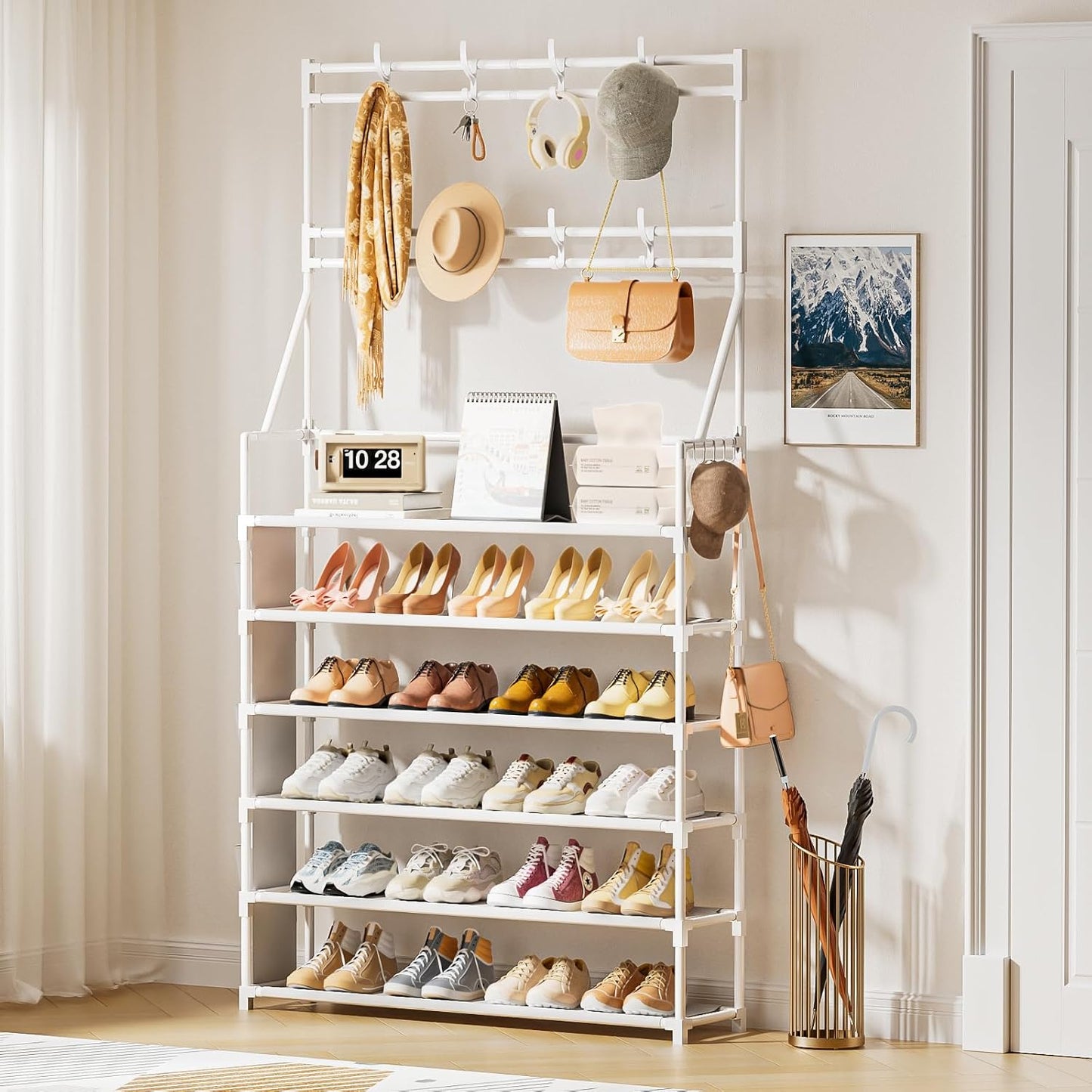 OYREL Shoe Rack, 5 Tier Shoes Storage Organizer, with Functional Hooks and Side Pocket, 20-25 Pairs, for Closet/Entrance/Entryway, Sneaker and Boot Stackable Free Standing Shoe Rack