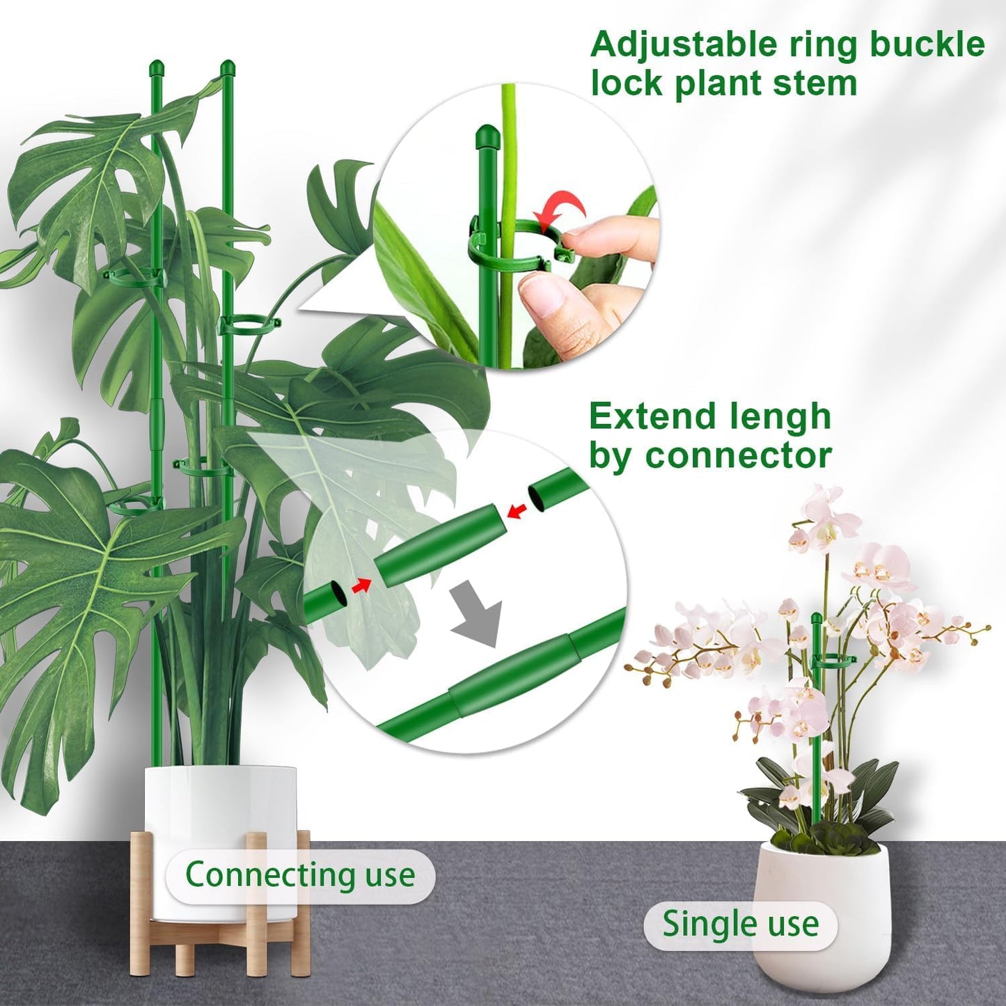 20Pcs Plant Support Stakes 17 inch SupKing Garden Orchid Sticks Extended to 3ft 4ft 5ft Plant Poles with Clips for Indoor Outdoor Potted Tomato Rose Amaryllis Vegetables Comes with 20 Ties（Green）
