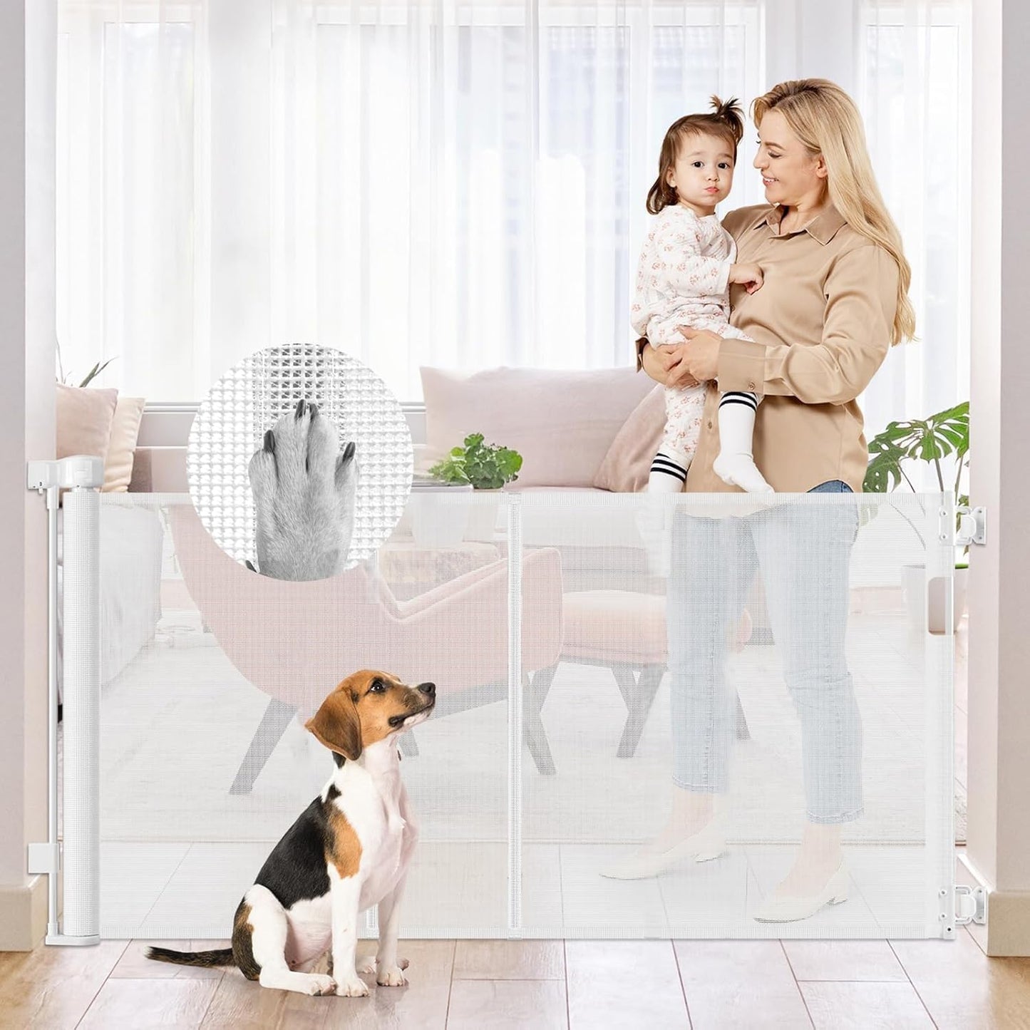 Reinforced 50" Wide Retractable Baby Gates for Doorways, Retractable Dog Gate for Stairs with Support Rods – Prevent Crawling Under, Outdoor Indoor Mesh Baby Gate Retractable Gates for Dogs, White