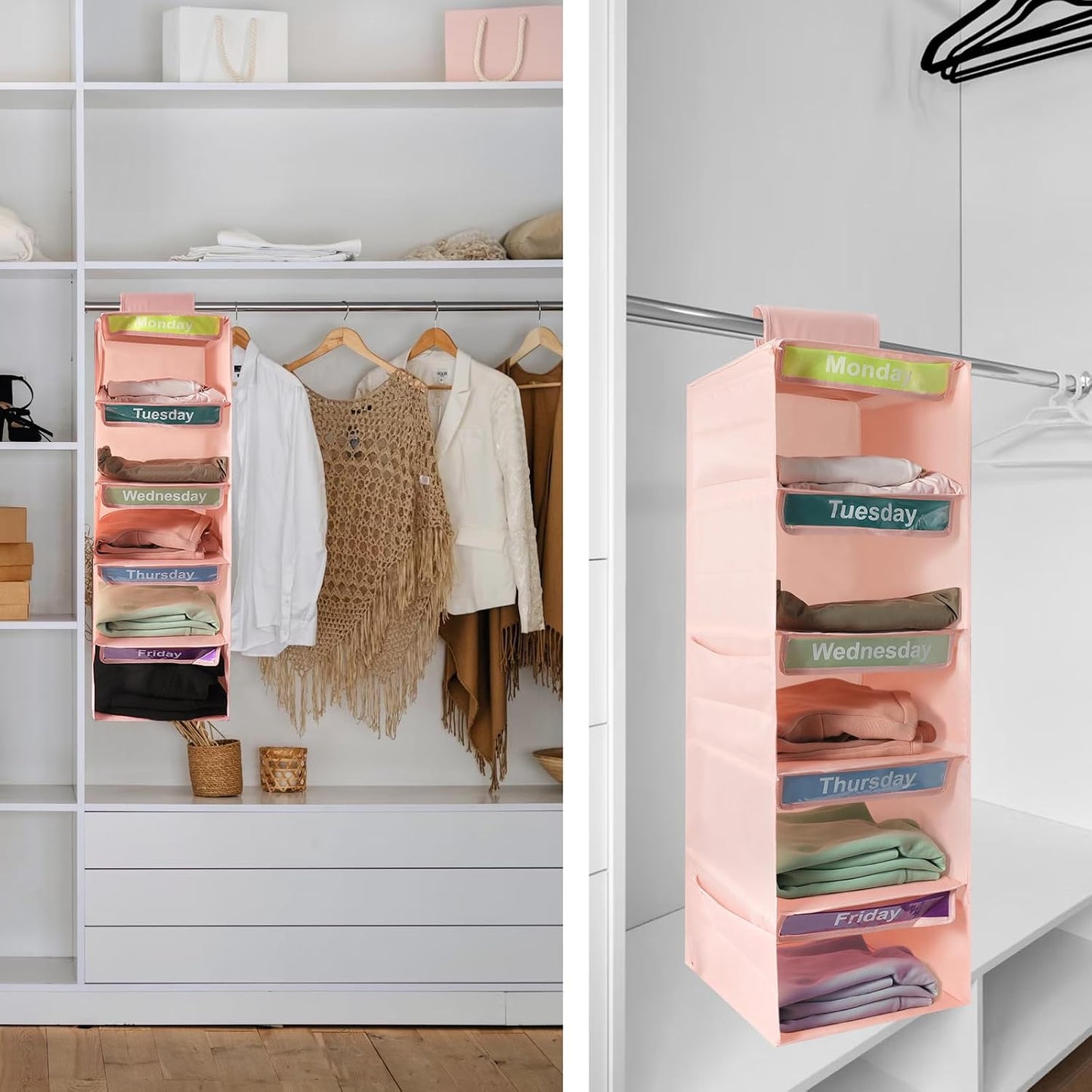 5-Shelf Weekly Clothes Organizer for Kids Days of The Week Hanging Storage Shelves Dorm Room Essential Daily Shelf Hanging Closet Organizer with 6 Side Pockets…