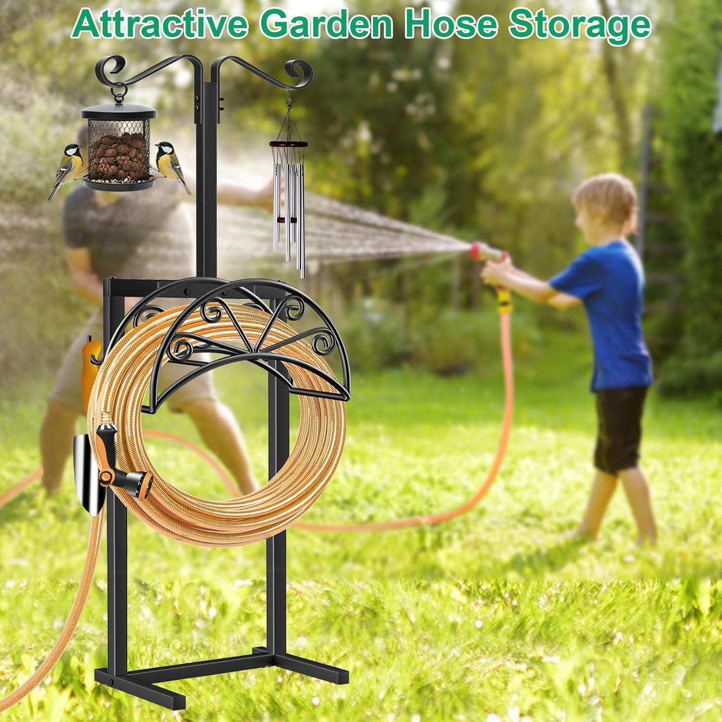 TomCare Garden Hose Holder Heavy Duty Water Hose Holder Holds 160 FT Hoses 4 Spikes Hose Reel Freestanding Hose Hanger Sturdy Hose Storage Stand for Outside Yard Lawn