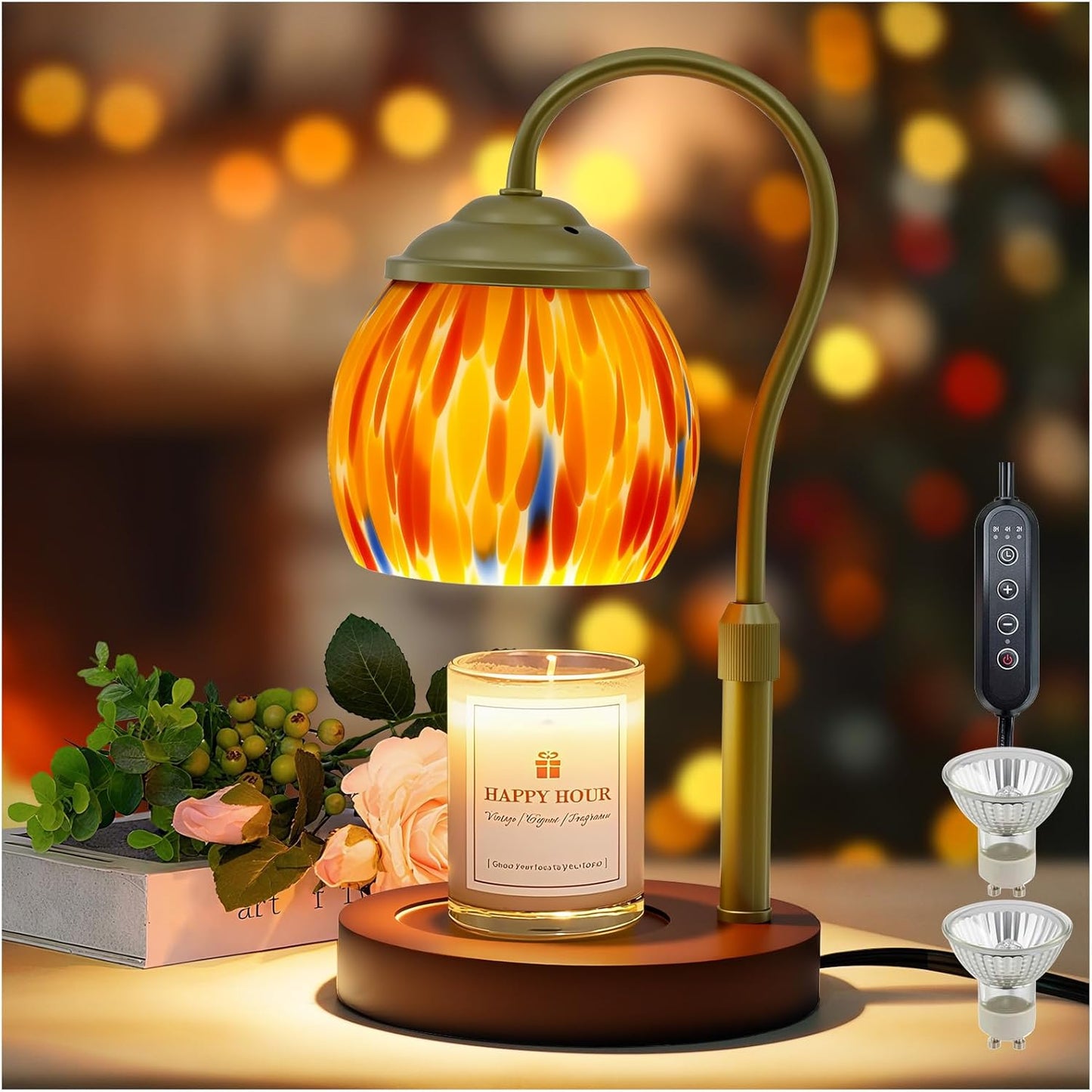 Candle Warmer Lamp with Timer Dimmer - Height Adjustable Wax Melt Warmer for Jar Candles, Blown Art Glass Candle Warming Lamp with 2 Bulbs Birthday Gifts for Mom Women Candle Holders for Home Decor