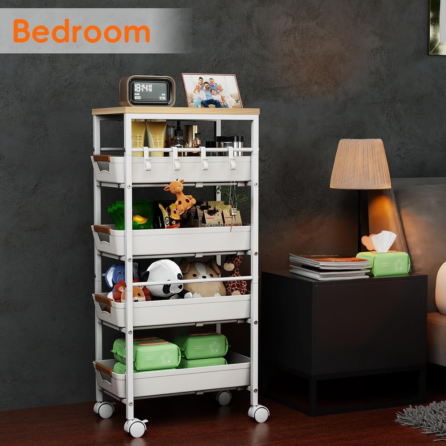 5-Tier Slim Storage Cart, Wooden Top Rolling Kitchen Cart with Pull-Out Baskets & Wheels, Narrow Space Utility Cart Slide Out Organizer for Kitchen, Bathroom, Laundry Room, White