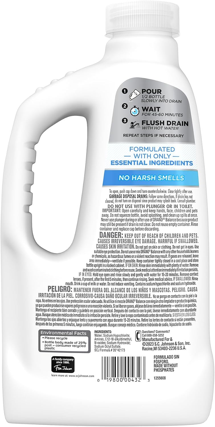 Drano Balance Drain Clog Remover and Cleaner, Non-Corrosive Formula, Safe on All Pipes and Septic Tanks, Formulated Using Only Essential Ingredients, 32 Fl Oz