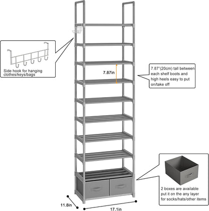 OYREL Tall Shoe Rack Narrow 10 Tier Shoes Rack 20 25 Pairs, Shoe Storage Organizer for Closet, Sturdy Metal Shoe Shelf Shoe Stand with 2 Boxes 1 Hook