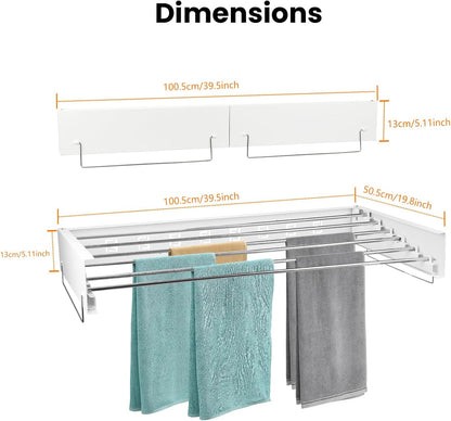 Wall Mounted Clothes Drying Rack, 39.5 x 19.8 x 5.11 Inches Retractable Clothes Drying Rack, 88lbs Capacity, Folding Indoor Laundry Drying Rack for Drying Clothes, Space-Saving 6 Dryings Poles