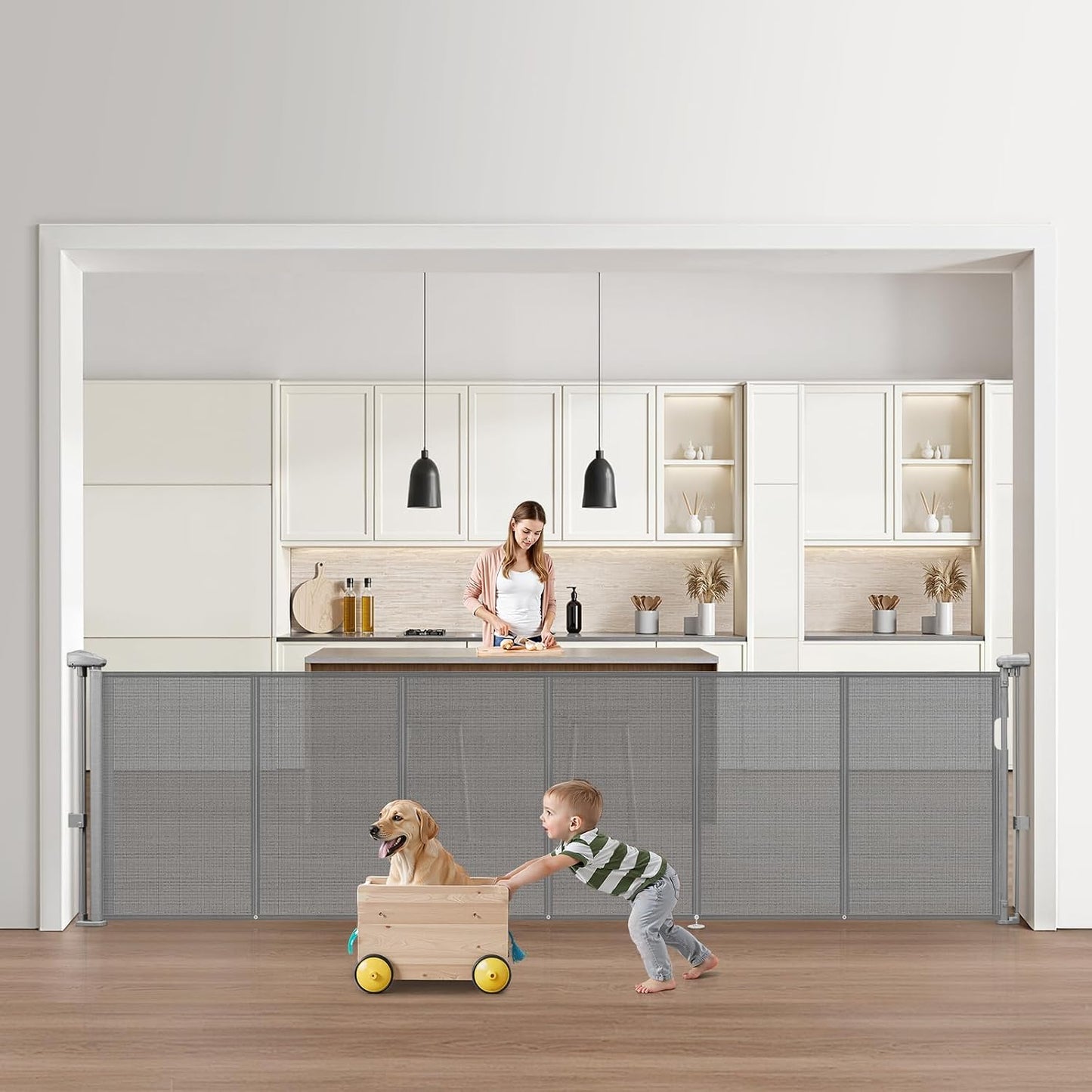 VEVOR Retractable Baby Gate, 34 inch Tall, Extends up to 71 inch Wide, Retractable Gate for Kids or Pets, Mesh Material, Easy to Install for Indoor Stairs, Doorways, Hallways, Playrooms, Gray