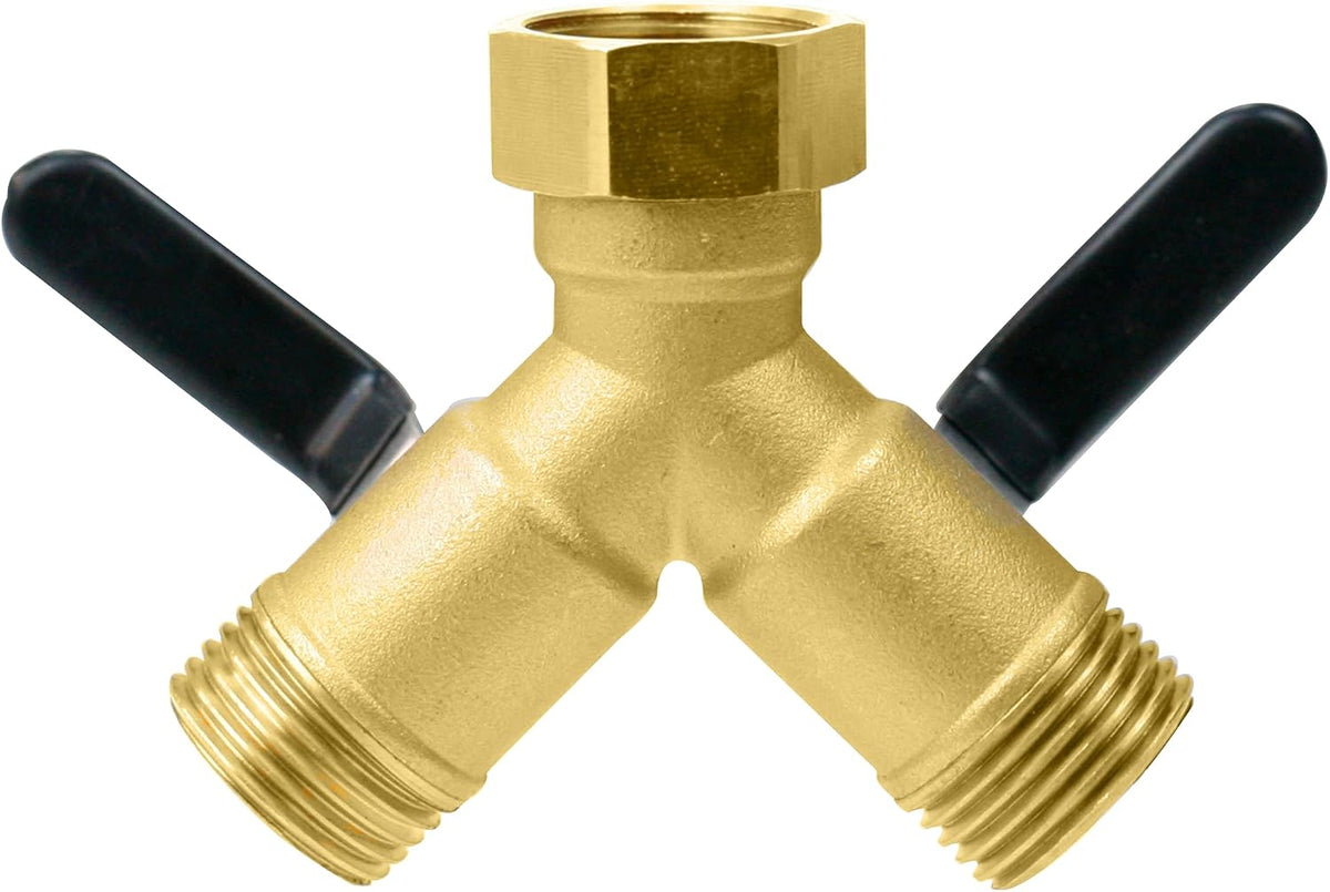 CUMIZON Solid Brass Garden Hose Splitter, 2 Way | Long Handle, 3/4" Standard Threads, Leak-Proof Dual Outlet, Heavy Duty Y Splitter, For Sprinklers and Irrigation Systems
