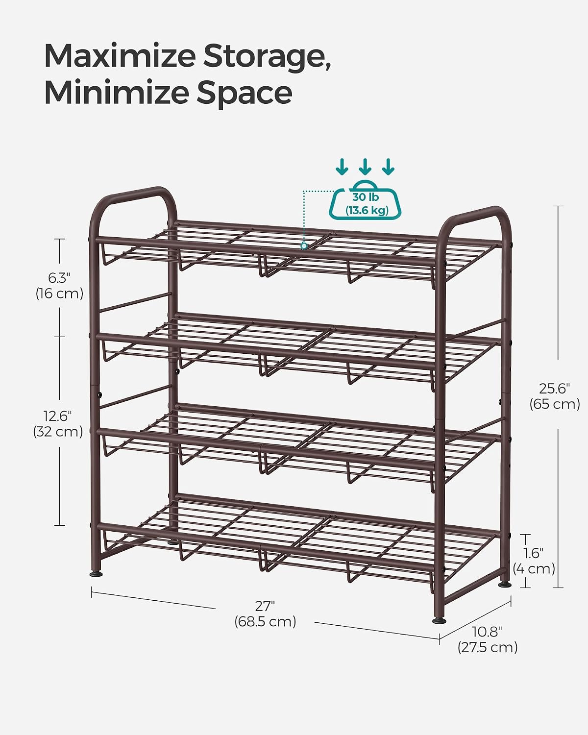 SONGMICS Stackable Shoe Rack, 4 Tier Metal Shoes Rack Storage Shelf, Holds up to 16 Pairs Shoes, Adjustable Slanted Shelves Shoe Tower Organizer for Closet Entryway Small Spaces, Black