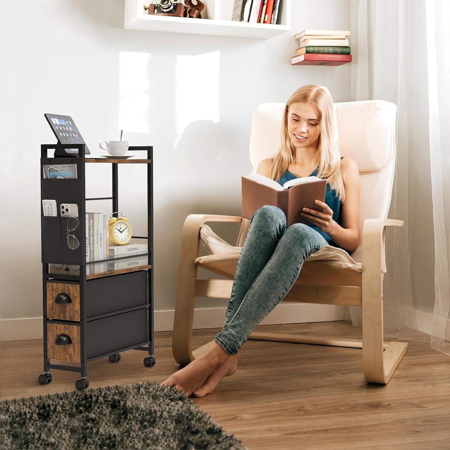 Oppro Small Narrow Side End Table, 2 Drawer Slim Nightstand Bedside Sofa Table with Wheels, Space Saving Rolling Skinny Thin Desk with Storage Bag for Bedroom Living Room Couch Bathroom Dorm