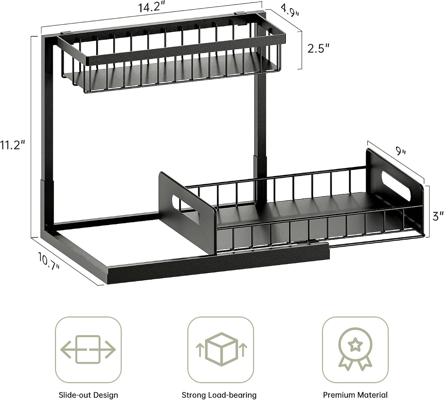 Under Kitchen Sink Organizer 2 Tier, Pull Out Bathroom Sink Organizers and Storage, Cabinet Kitchen Bathroom Storage Organization Shelf, 1 Pack Black