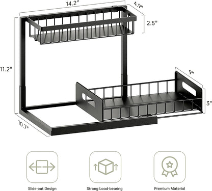 Under Kitchen Sink Organizer 2 Tier, Pull Out Bathroom Sink Organizers and Storage, Cabinet Kitchen Bathroom Storage Organization Shelf, 1 Pack Black