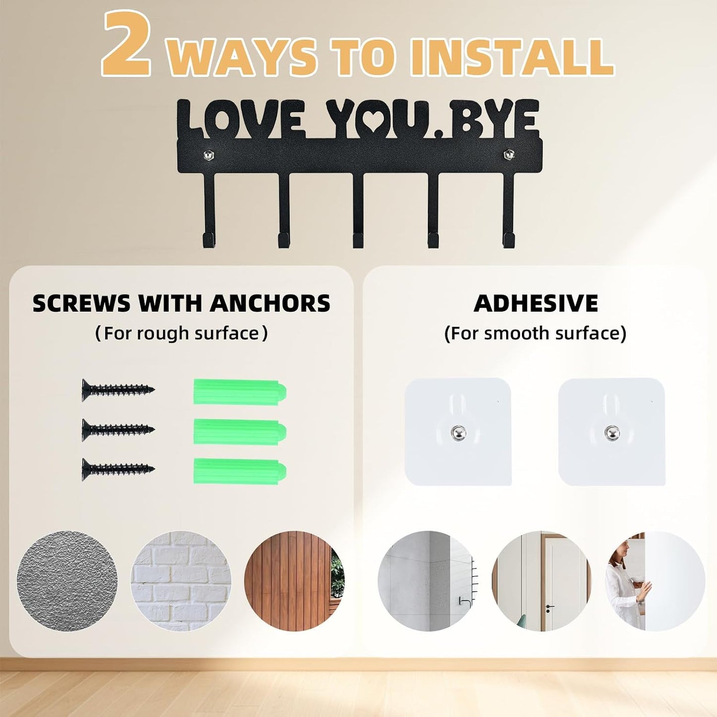 Key Holder Wall Mount, No Drill Adhesive, Black, 5 Hooks | 'Love You.Bye' Entryway Organizer, Metal, 10x4 Inch, Screws Installation