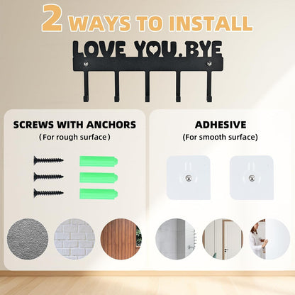 Key Holder Wall Mount, No Drill Adhesive, Black, 5 Hooks | 'Love You.Bye' Entryway Organizer, Metal, 10x4 Inch, Screws Installation