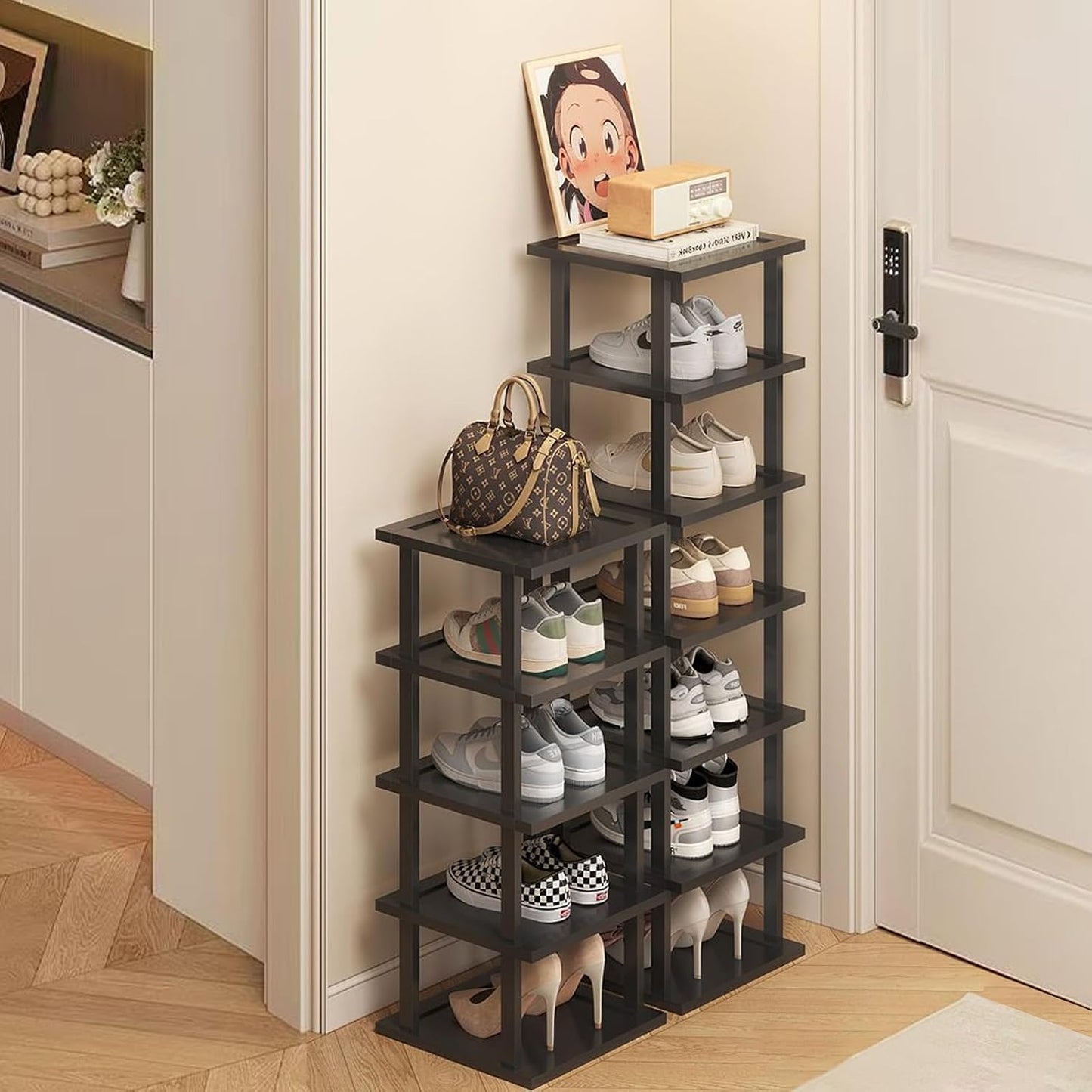 Vertical Shoe Rack - Tall Narrow Shoe Rack Organizer for Small Spaces,5 Tier Bamboo Shoen Shelf for Entryway,Closet,Corner,Doorway,Skinny Shoe Shelf Space Saving Shoe Storage,Free Stackable DIY