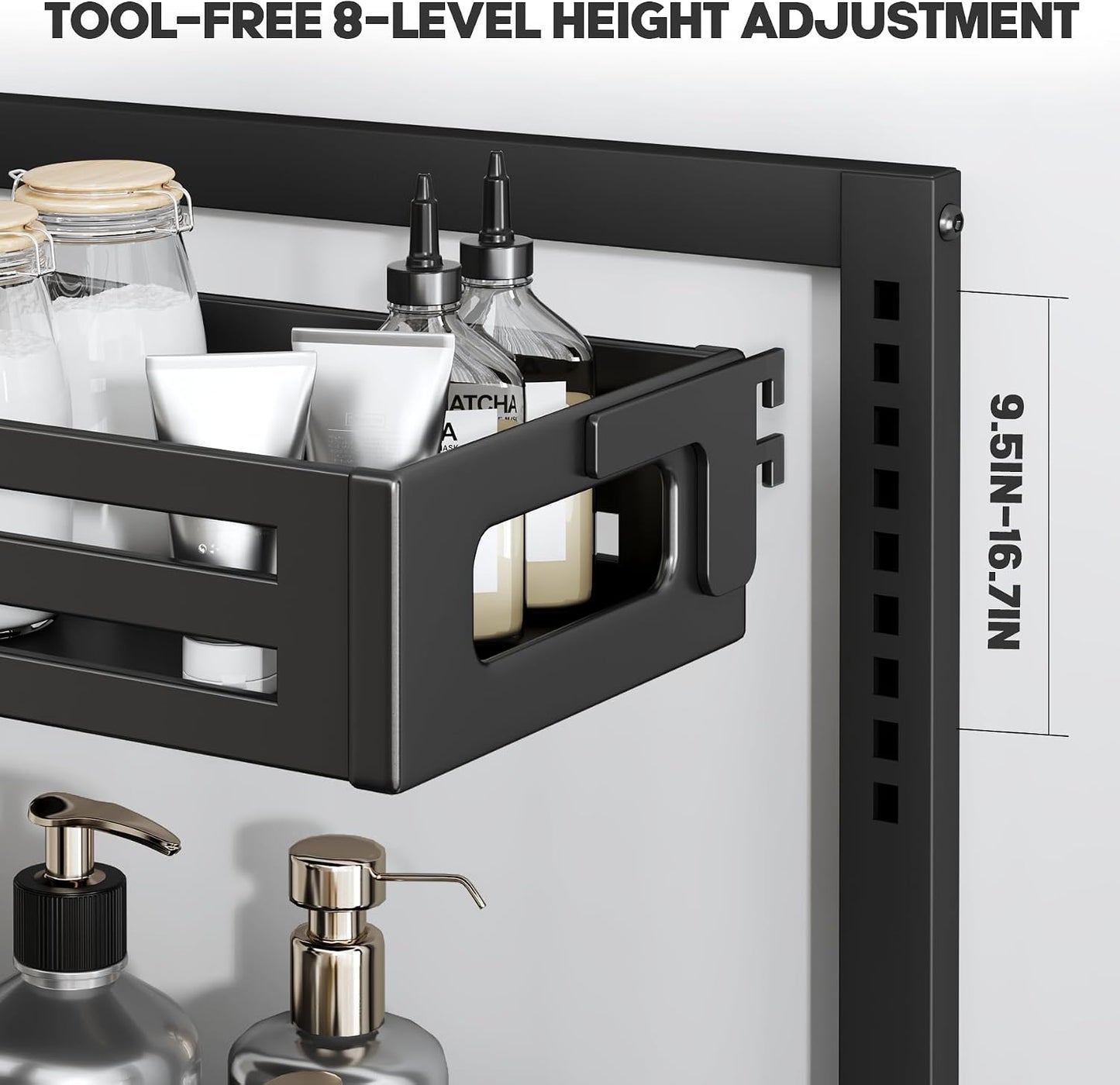 2 Pack Under Sink Organizer,Pull Out Cabinet Organizer with Smooth Cylindrical Rail,Metal Slide Out Drawer for Kitchen Bathroom Laundry Cabinet,8-Level Tool Free Height Adjustable-Black
