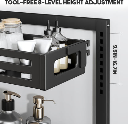 2 Pack Under Sink Organizer,Pull Out Cabinet Organizer with Smooth Cylindrical Rail,Metal Slide Out Drawer for Kitchen Bathroom Laundry Cabinet,8-Level Tool Free Height Adjustable-Black