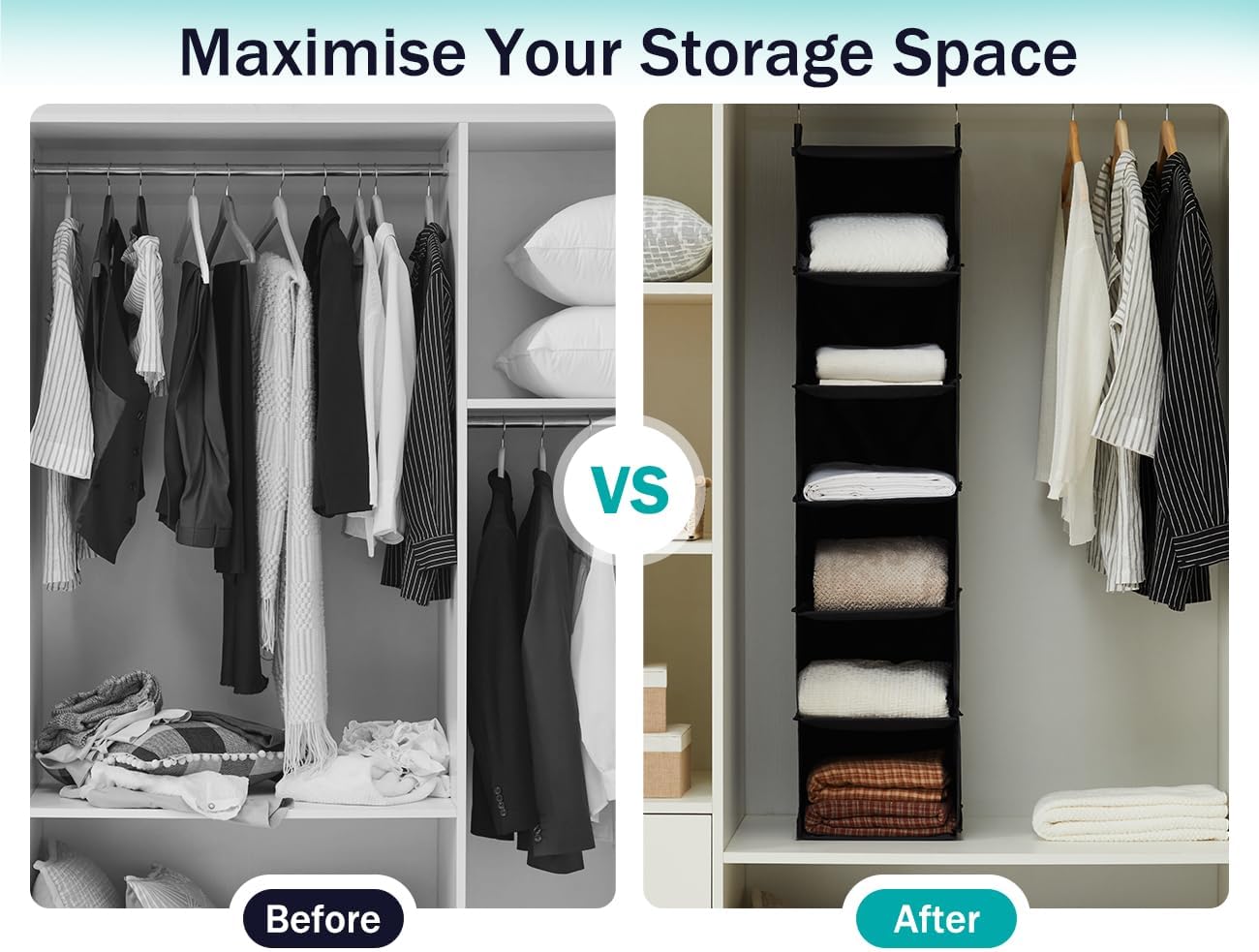 YOUDENOVA Hanging Closet Organizer, 6-Shelf Closet Hanging Shelves, Grey