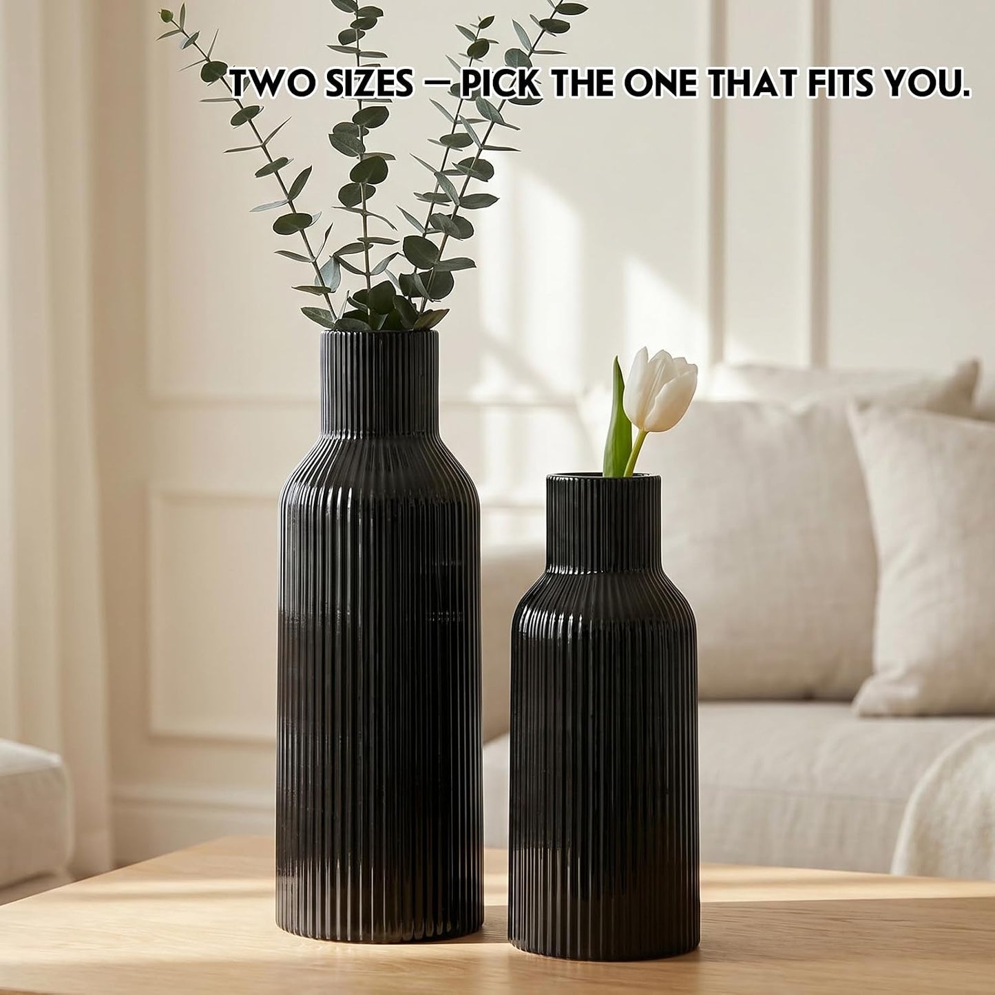 White Ceramic Flower Vases Set of 3, Modern Matte Vertical Ribbed, Nordic Minimalist Decor for Pampas, Dried & Fresh Flowers, Centerpiece for Living Room, Shelf, Entryway, Wedding,Office