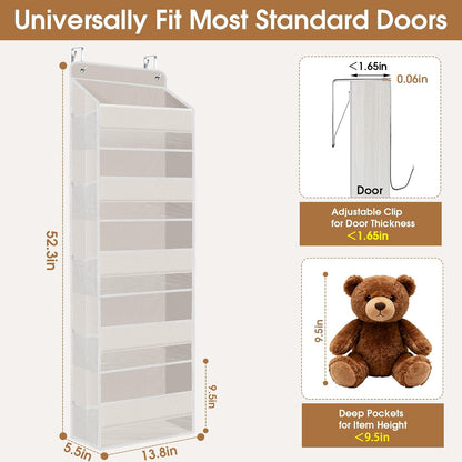 WISELIFE Over The Door Organizer Storage with 4 Large Pockets Door Hanging Organizer with Clear Windows behind The Door Storage for Nursery Bedroom Bathroom Pantry Closet and Baby Essentials Dark Grey