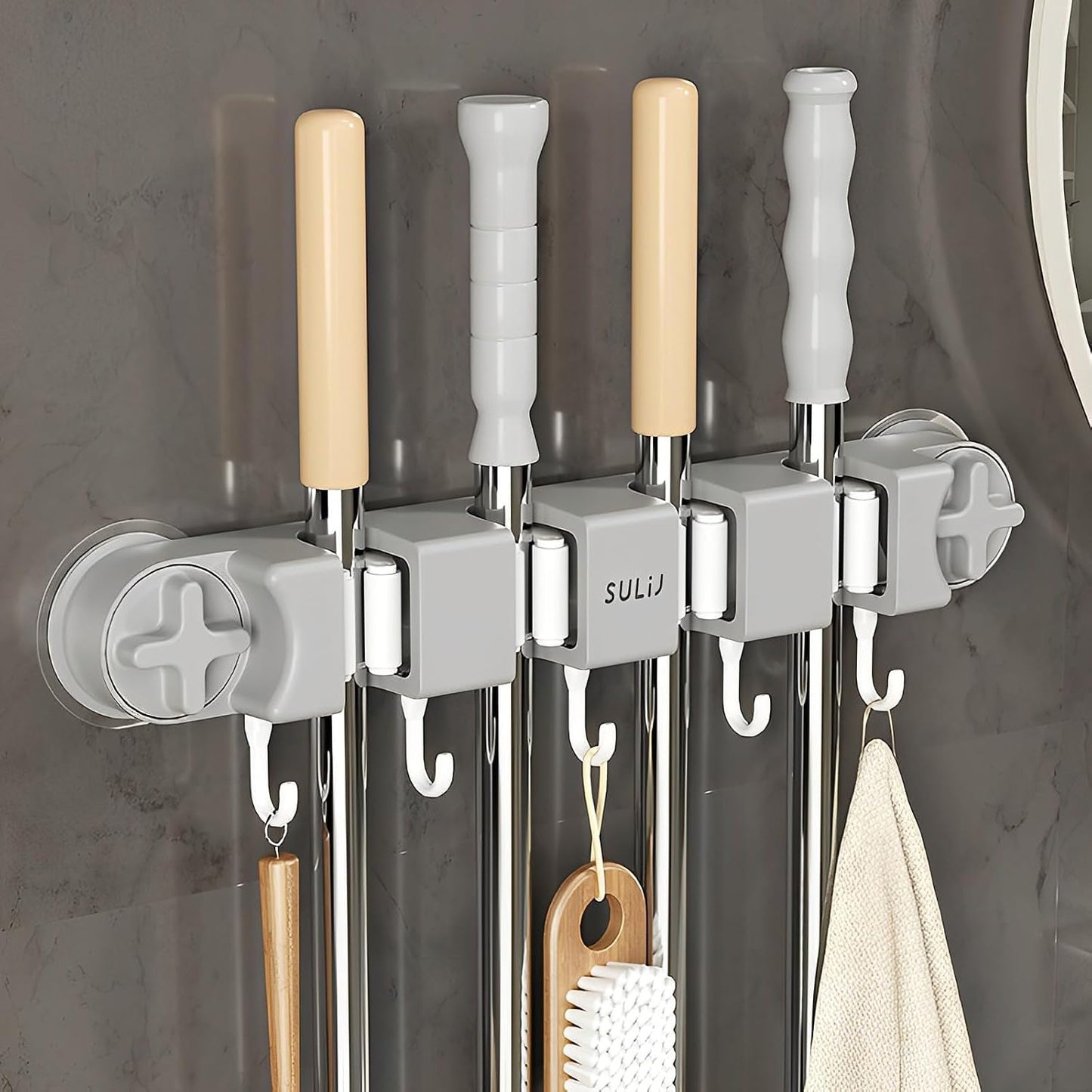 Broom Holder Wall Mount Sturdy Mop and Broom Organizer with 4 Racks and 5 Hooks Vacuum Suction Cup Broom Mop Holder for Home, kitchen, Garden, Tools, Garage