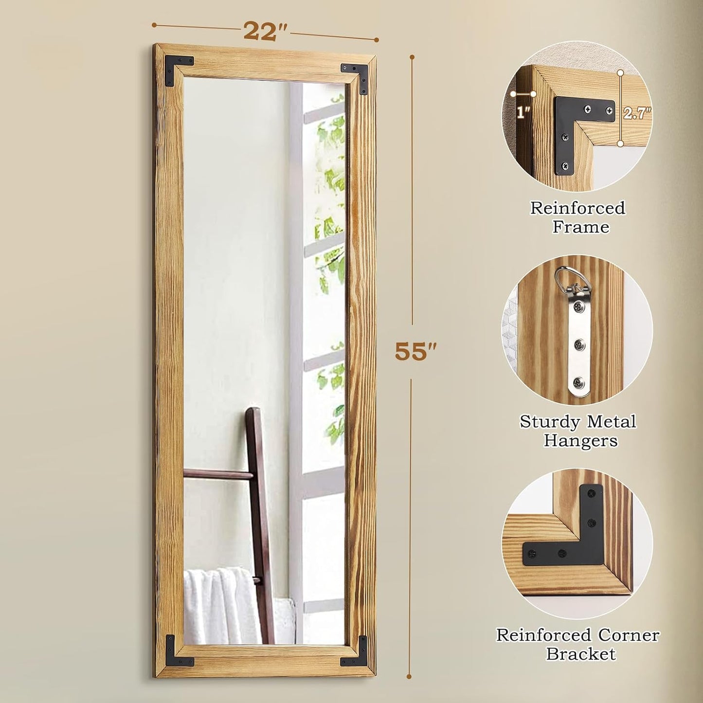 55"x22" Full Length Mirror with Wooden Frame，Natural Wooden Standing Mirror, Solid Wood Frame, Hanging or Leaning Wall-Mounted, Suit for Farmhouse, Living Room, Bedroom (Light Brown)