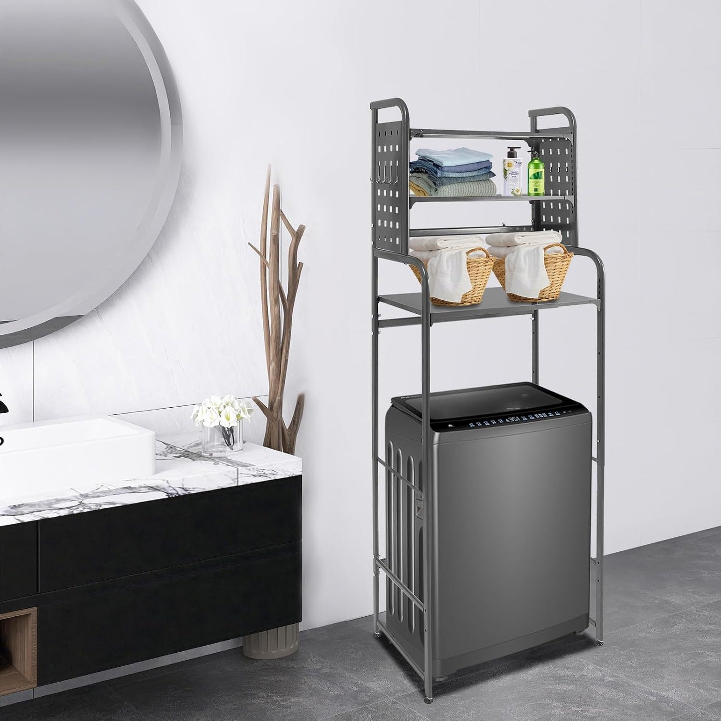 3-Tier Over The Washer and Dryer Storage Shelf, Washing Machine Shelf with Adjustable Height & Hooks, Over Toilet Laundry Room Drying Storage Rack with Pigboard, Space Saver (Gray)