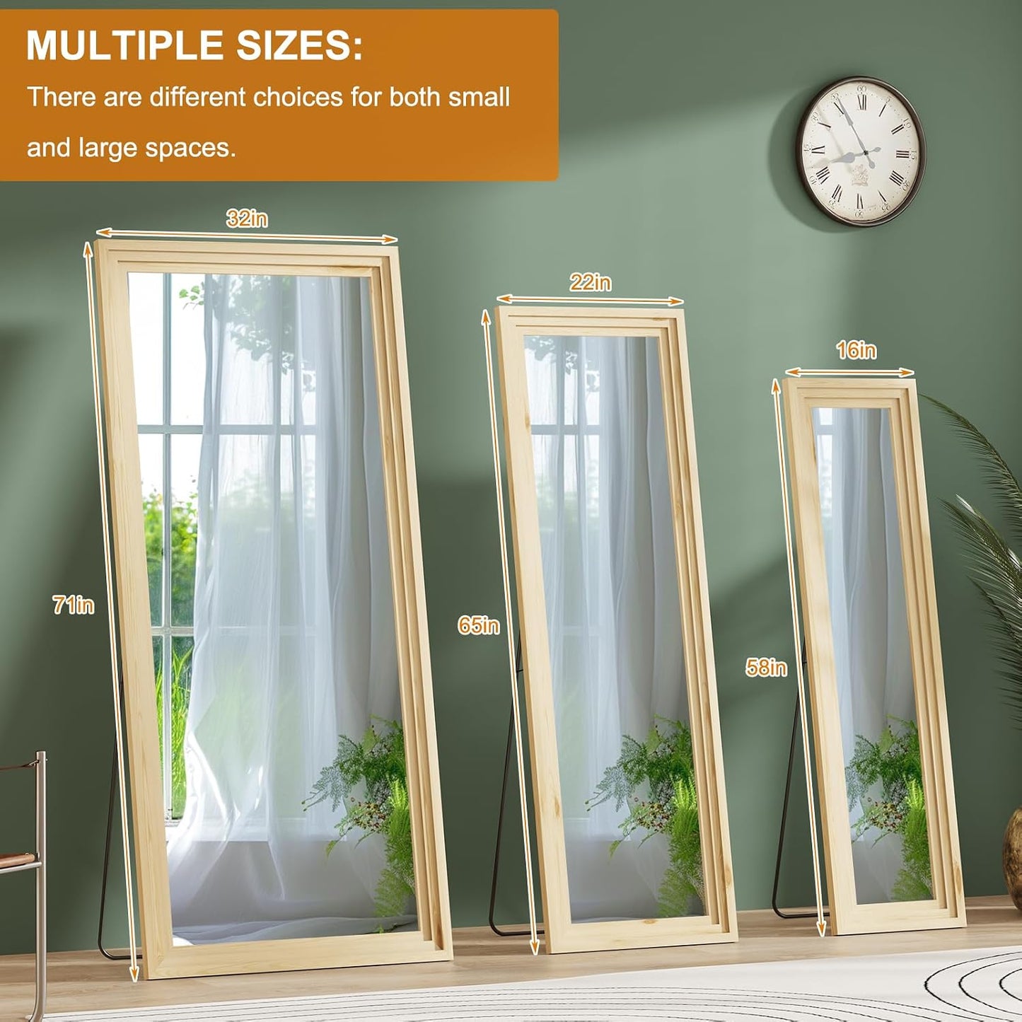 ZHUNFA Full Length Mirror, 71x32 Inch Full Length Mirror Wall Mounted | Vertical Hanging, Leaning Standing for Bedroom, Living Room, Rectangular Wooden Frame, Log Color.
