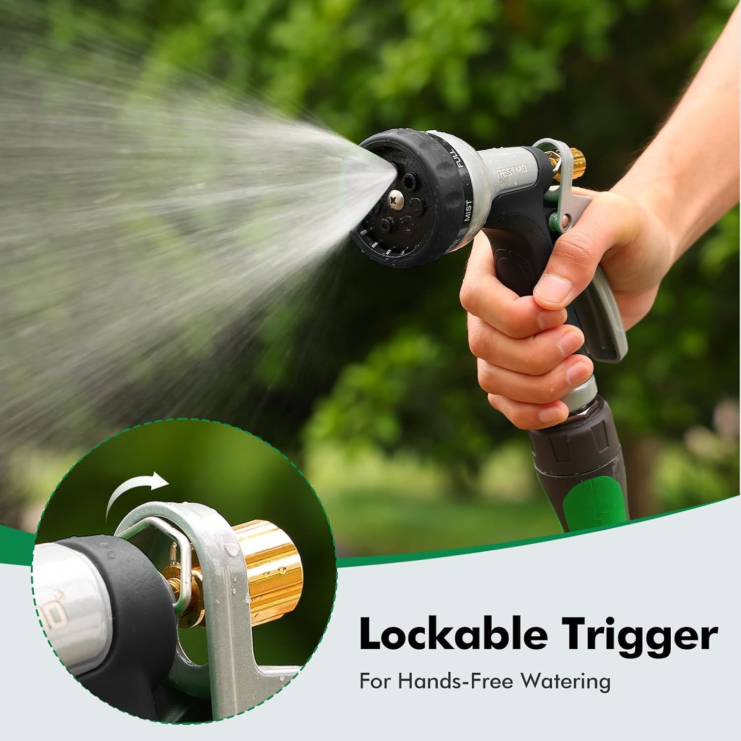 RESTMO Garden Hose Nozzle Heavy Duty, Leak-proof Water Hose Sprayer | 7 Adjustable Spray Patterns, Durable Metal, Flow Control, Ideal for Plants & Lawns Watering, Cars & Pets Washing, Green