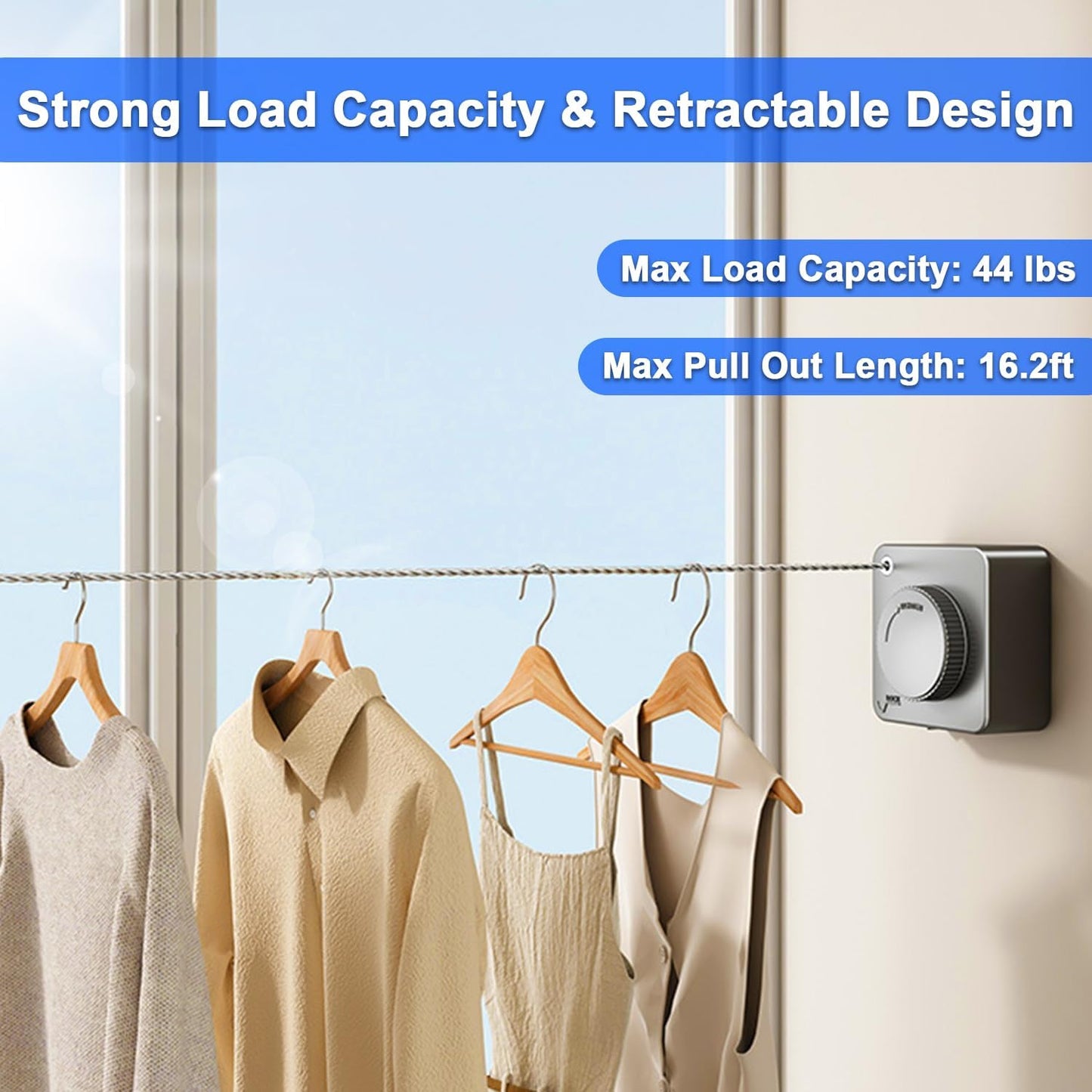 Retractable Clothesline Indoor & Outdoor, 16.2Ft Non-Sagging Stainless Steel Laundry Line with Wall Mounted Heavy Duty Design, Space-Saving Drying Rack for Bathroom, Balcony(1, White)