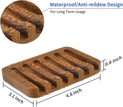 SUBEKYU Wooden Soap Dishes for Bathroom/Shower, Bar Soap Holder with Self Draining Tray, Natural Waterfall Drain Soap Saver, Teak (2P)