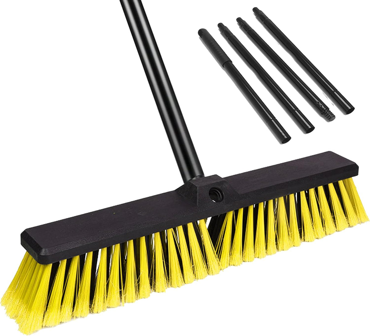 18" Heavy Duty Push Broom - 61" Adjustable 4-Section Metal Handle Stiff Flagged Hard Bristles Indoor Outdoor Floor Broom for Garage Patio Concrete Deck Shop Warehouse (Yellow, 18inches Wide)