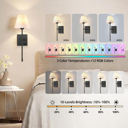 Rechargeable Battery Operated Wall Sconces Set of 2, Black Wireless Fabric Shade Wall Sconce with Remote Control, Dimmable RGB Color Changing Wall Lamp for Bedroom Living Room Hallway, 20.47" Tall