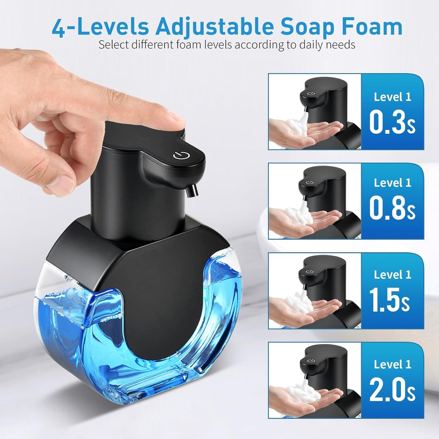 Automatic Foam Hand Soap Dispenser, Rechargeable Touchless Wall Mount Foaming Soap Dispenser, 15oz/420ml, 4 Adjustable Levels Infrared Sensor Electric Dispenser for Bathroom, Kitchen, Office - Black