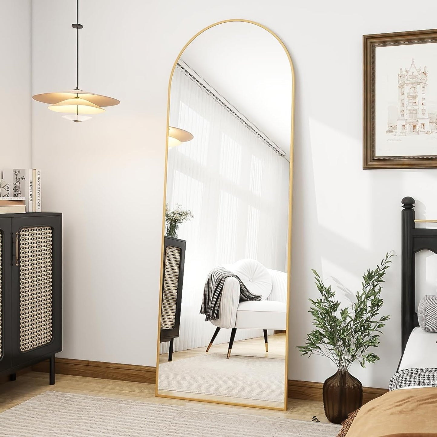 OGCAU Floor Full Length Mirror, 56"x20" Arched Full Body Mirror, Hanging or Leaning, Standing, Wall Mounted with Aluminum Frame for Bedroom Living Room, White