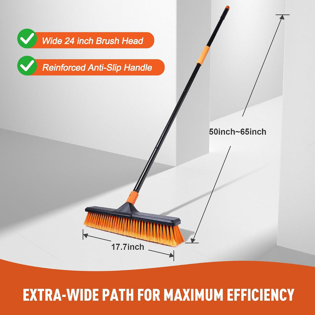 CLEANHOME 18" Push Broom Outdoor Heavy Duty for Garages,Driveways and Decks | With Extendable Long Handle, Stiff Bristle Broom, Industrial,Wide