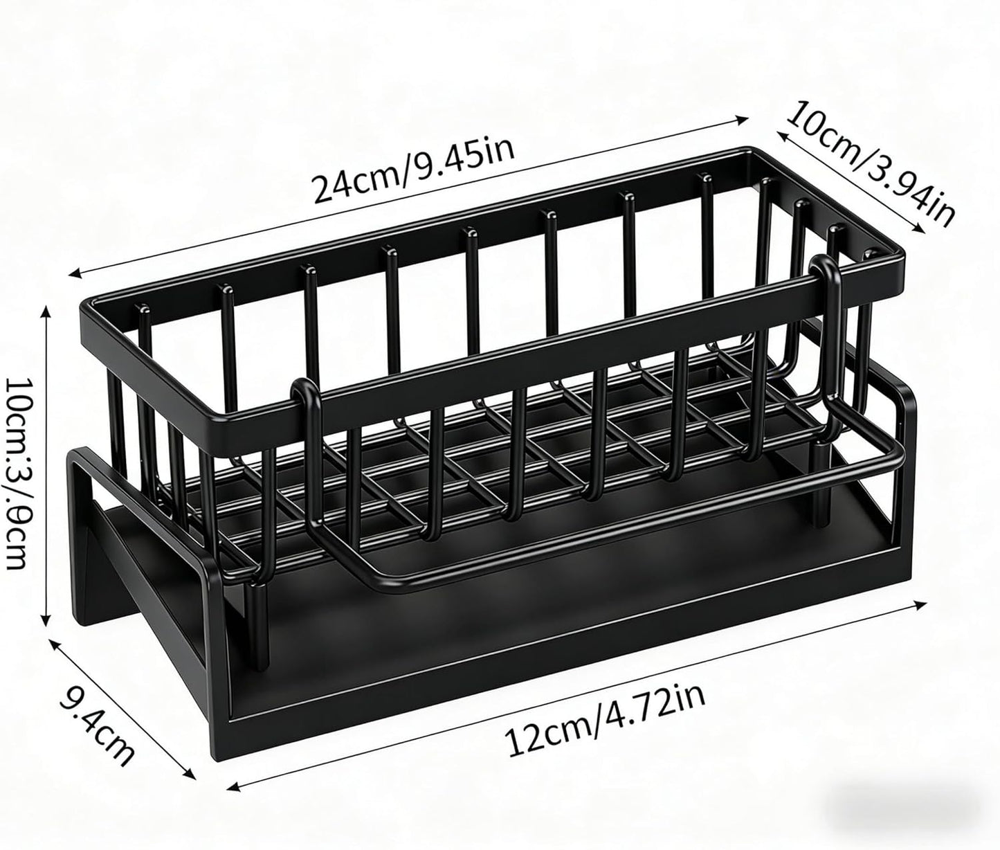 Stainless Steel Sink Caddy – Sponge Holder with Self-Drain Tray, Suction Cups & Adhesive Hook, 3-in-1 Kitchen Organizer for Sponge, Brush, Scrubber,Black